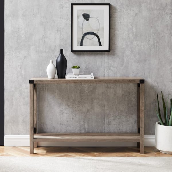 Walker Edison Furniture Company Industrial 46 in. Gray Wash Standard Rectangle Wood Console Table with Storage