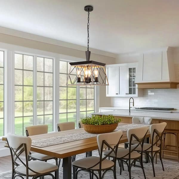 Emeritpro 4-Light Farmhouse White Oak and Matte Black Island