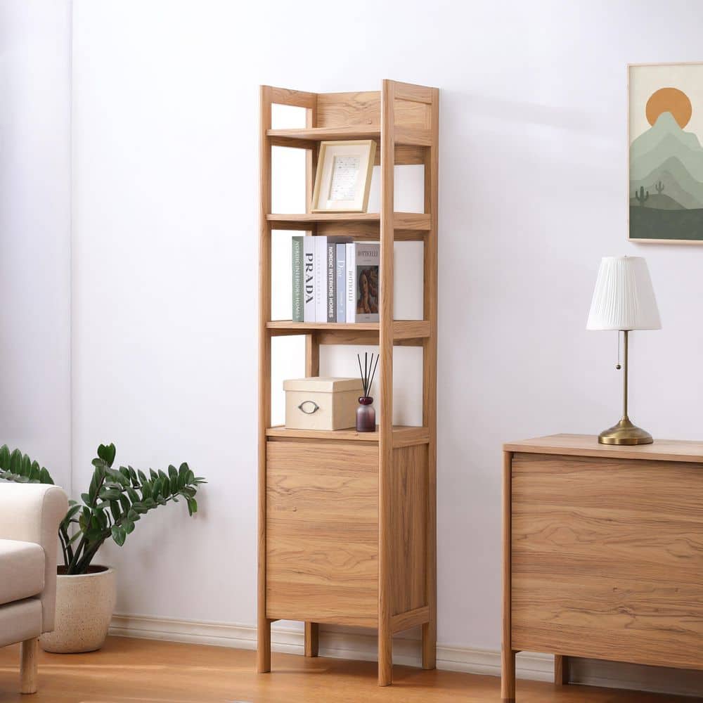 Glapelle 70.9 in. Tall Oak Wood 4 Shelf 1 Door Bookcase