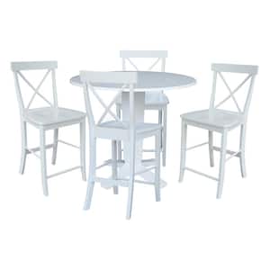 Aria White Solid Wood 42 in. Round Counter-height Pedestal Dining Table and 4 X-back Counter-height Stools Seats 4