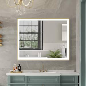 RECA 40 in. W x 32 in. H Rectangular Single Aluminum Framed Anti-Fog LED Light Wall Bathroom Vanity Mirror in Gold