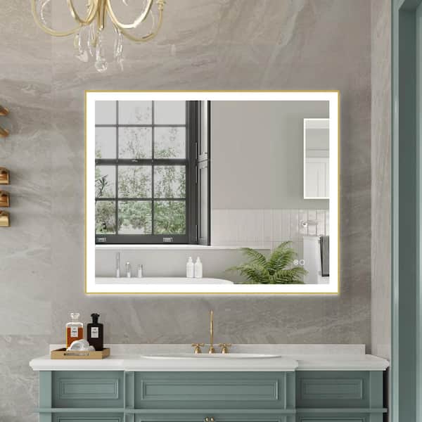 WELLFOR RECA 40 in. W x 32 in. H Rectangular Single Aluminum Framed Anti-Fog LED Light Wall Bathroom Vanity Mirror in Gold