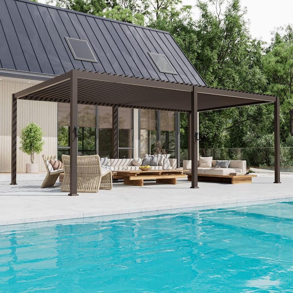 12 ft. x 20 ft. Modern Aluminized Steel Pergola for Outdoor Garden with Adjustable Louvered Roof Dark Brown