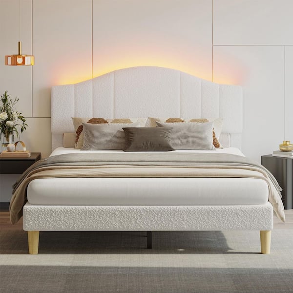 White Wood Frame Queen Upholstered Platform Bed Scalloped Bed Frame with LED Adjustable Arc Headboard