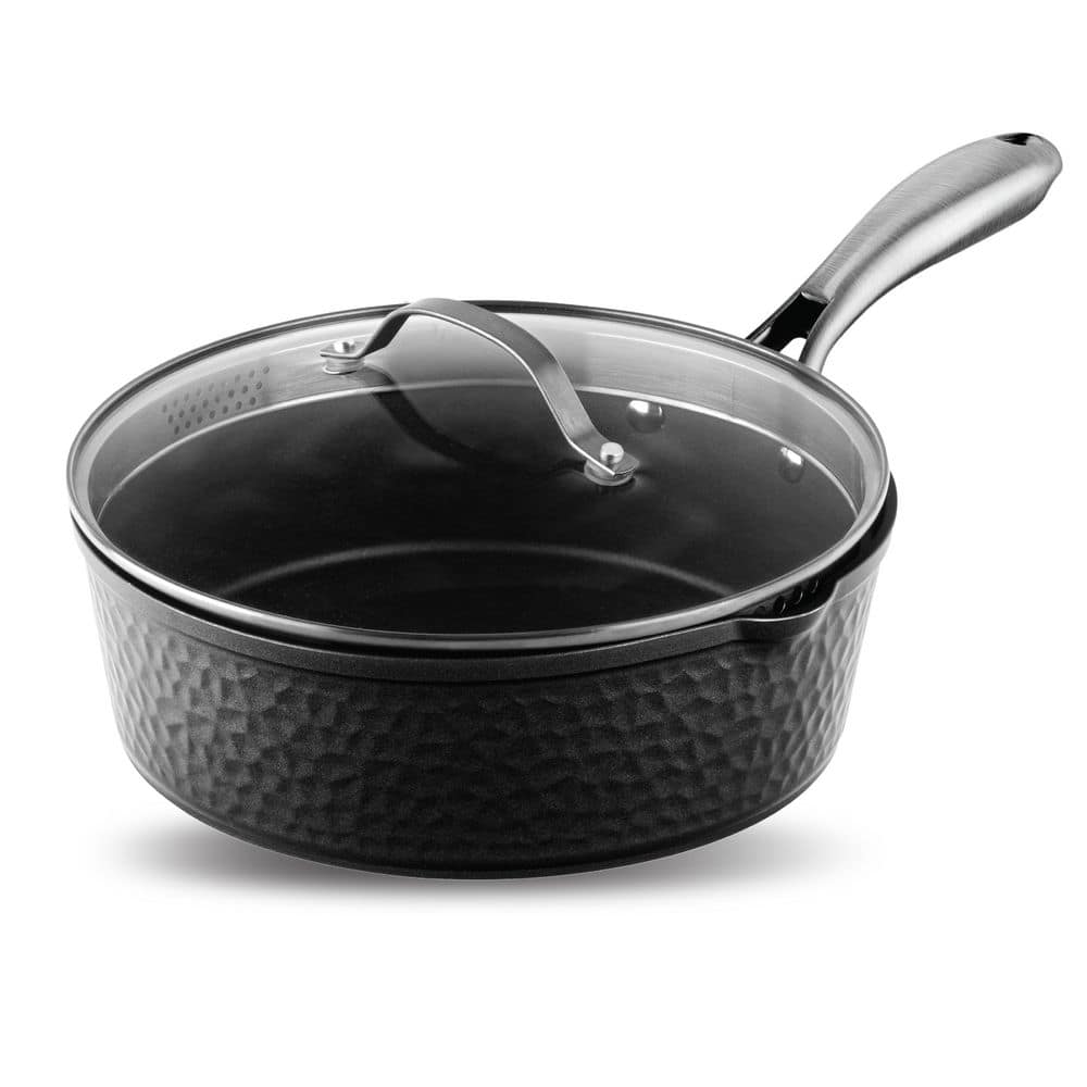 Hammered Black 4 qt. Aluminum Nonstick Deep Saute Pan with Glass Lid