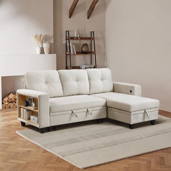 Lazzara Celylon 79.5 in. Straight Arm Boucle Fabric Sectional Sofa in Beige with Reversible Chaise, Pull-Out Bed and Shelves