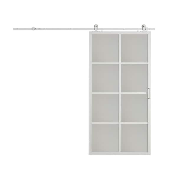 French 42 in. x 84 in. Full Lite Frosted Glass White Frame Aluminum Sliding Barn Door with Hardware Kit
