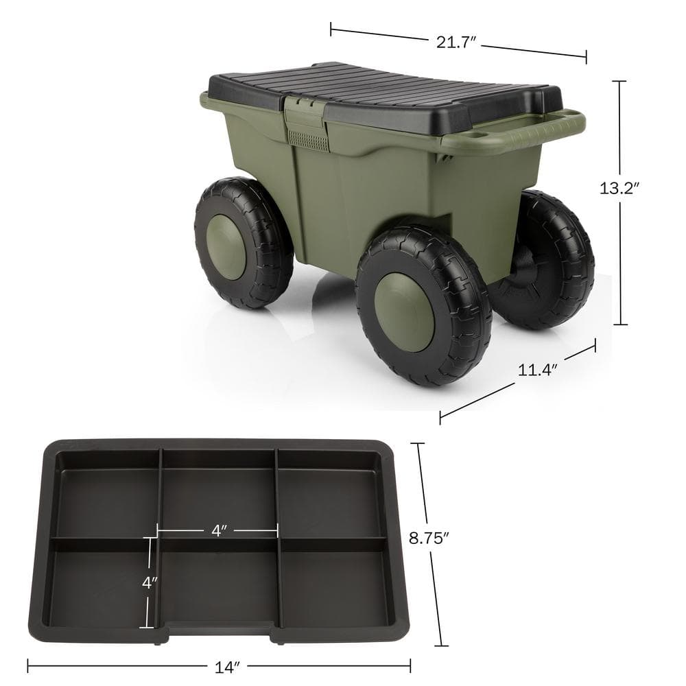 1.89 cu. ft. Green Plastic Rolling Garden Cart with Seat - Storage with Bench and Interior Tool Tray - Gardening Stool