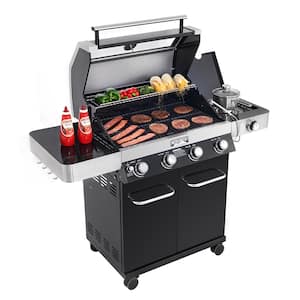 4-Burner Propane Gas Grill in Black with ClearView Lid, LED Controls, Side Burner and USB Light
