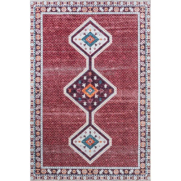 Baitadi Geometric Machine Washable Burgundy 5 ft. x 8 ft. Indoor/Outdoor Patio Rug