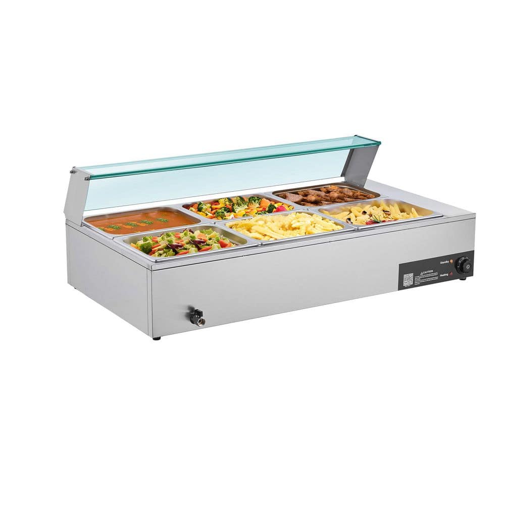 Commercial Electric Food Warmer, 1500W Stainless Steel Steam Table with Glass Lid, Includes 6 Half-Size Pans