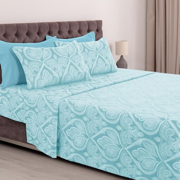 Lux Decor 6-Piece Microfiber Sheet Set Paisley Pattern with Deep Pocket Fitted Sheet-California King Blue