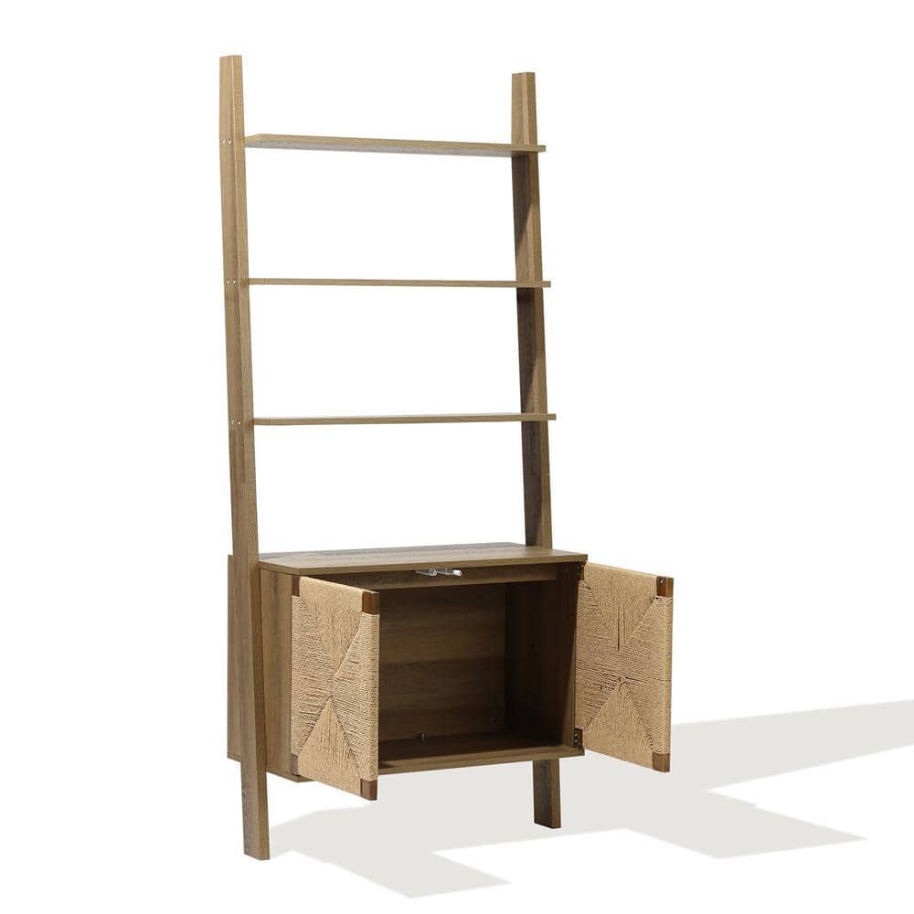 Brown Pine Wood Ladder Bookcase with Woven Rope Doors