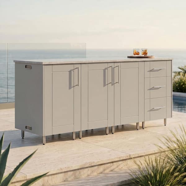 Midday 74.5 in. W Propane Grill Island in Sanibel Shoreline Gray with 3-Drawer Base and 2 ROT Cabinet
