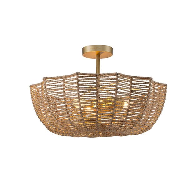 Marigold 3-Light 21 in. Wide Woven Semi-Flush Mount Modern Scalloped Ceiling Light in Brass