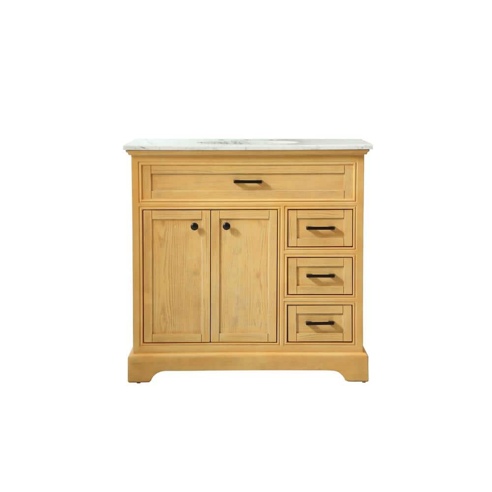 36 in. W x 21.5 in. D x 35 in. H Single Bathroom Vanity in Natural Wood with White Marble