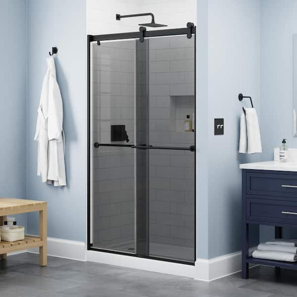 Delta Lyndall Contemporary 43-3/8 to 47-3/8 in. W x 71 in. H Frameless Sliding Shower Door, Matte Black, Smoked Glass