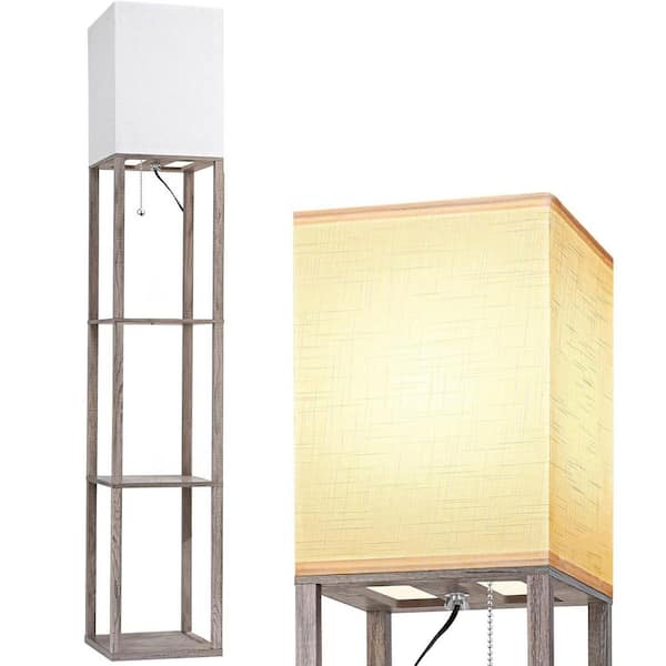 63in Oak Gray Modern Column Floor Lamp with Shelves with 3 CCT LED Bulb for living romm, with White Linen Shade