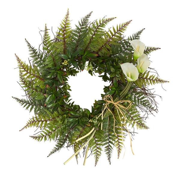 Nearly Natural 23 in. Assorted Fern and Crean Calla Lily Artificial Wreath