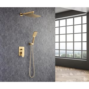 Mondawell Square 3-Spray Patterns 12 in. x 8 in. Wall Mount Rain Dual Shower Heads with Handheld & Valve in Brushed Gold