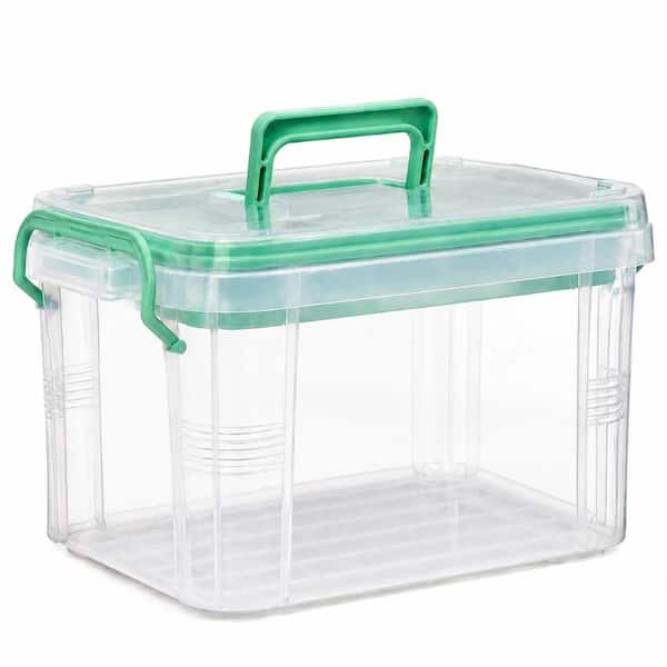15 Qt Clear Plastic Medicine Organizer Storage Box with Detachable Tray, Handle and Clasp, Green, First