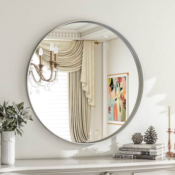 XRAMFY 24 in. W x 24 in. H Round Silver Aluminum Alloy Deep Framed Wall Mirror