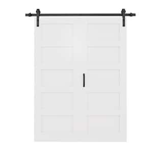 60 in. x 80 in. Paneled 5 Lite White Primed MDF Bifold Sliding Barn Door with Hardware Kit