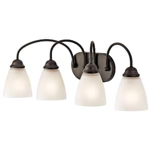 Jolie 28 in. 4-Light Olde Bronze Transitional Bathroom Vanity Light with Satin Etched Glass