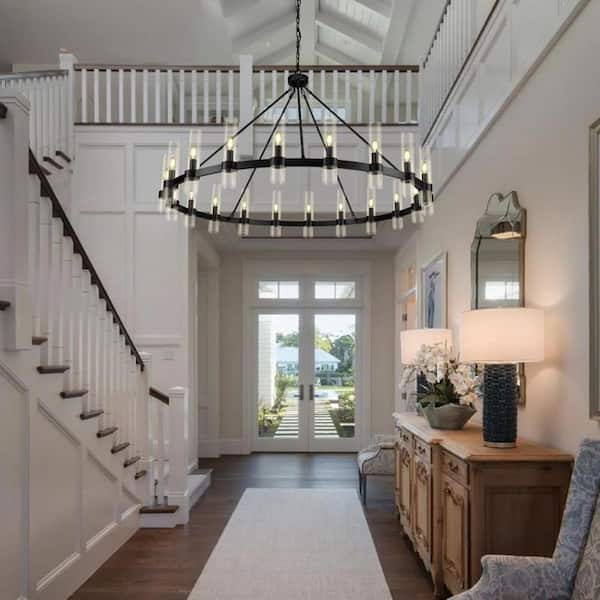 20-Light 60 in. Dimmable Wagon Wheel Black Chandelier, with Glass Shade, for Living Room, Dining Room, Bedroom and Foyer
