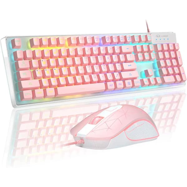OBJLGEV K1 RGB LED Backlit Gaming Keyboard and Mouse Combo with 104 Keys Pink for PC Laptop