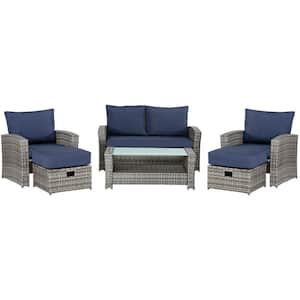 Gray 6-Piece Wicker Patio Conversation Set with Dark Blue Cushions and Coffee Table