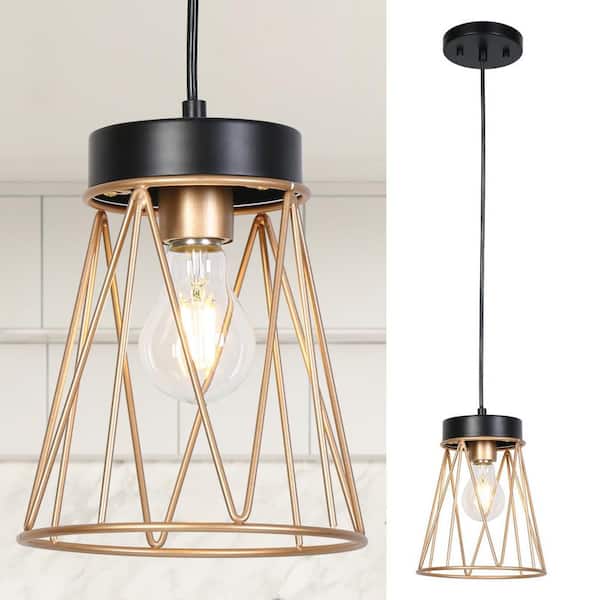 Zevni Modern Farmhouse 1-light Matte Black Pendant Light with Dark Gold Cage Shade, Hanging Lamp for Dining Room, Kitchen
