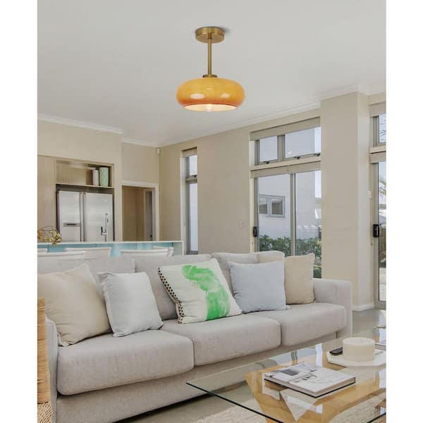 Modern 11 in. 1-Light Brass-Tone Metal Contemporary Semi-Flush Mount with Gradient Glass Shade