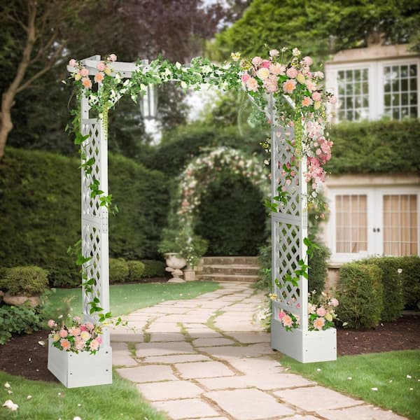 Karl home 86 in. x 82 in. White Wood Arbor with Planter Garden