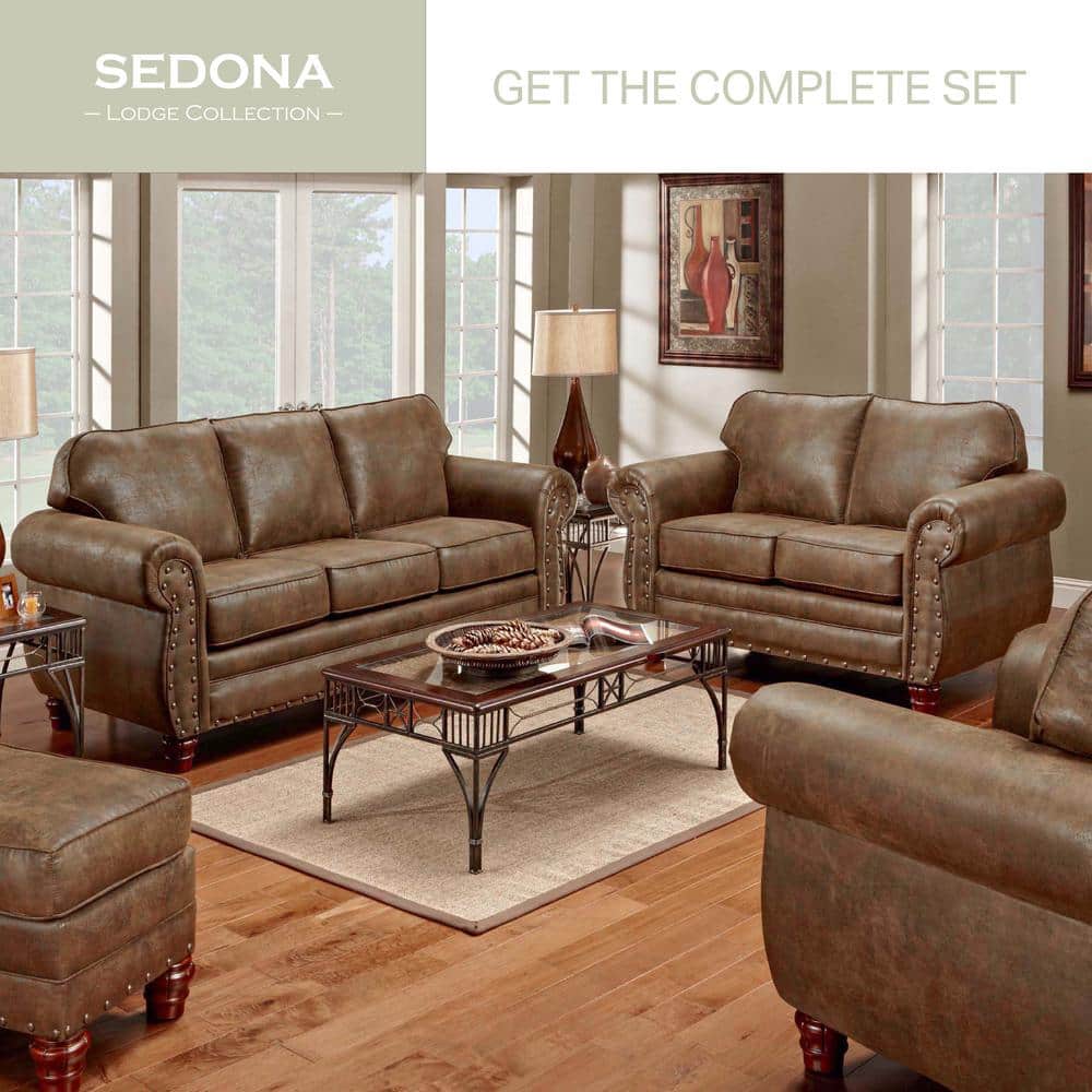 Sedona Traditional Brown Faux Leather Sofa with Rustic Nailhead Accents