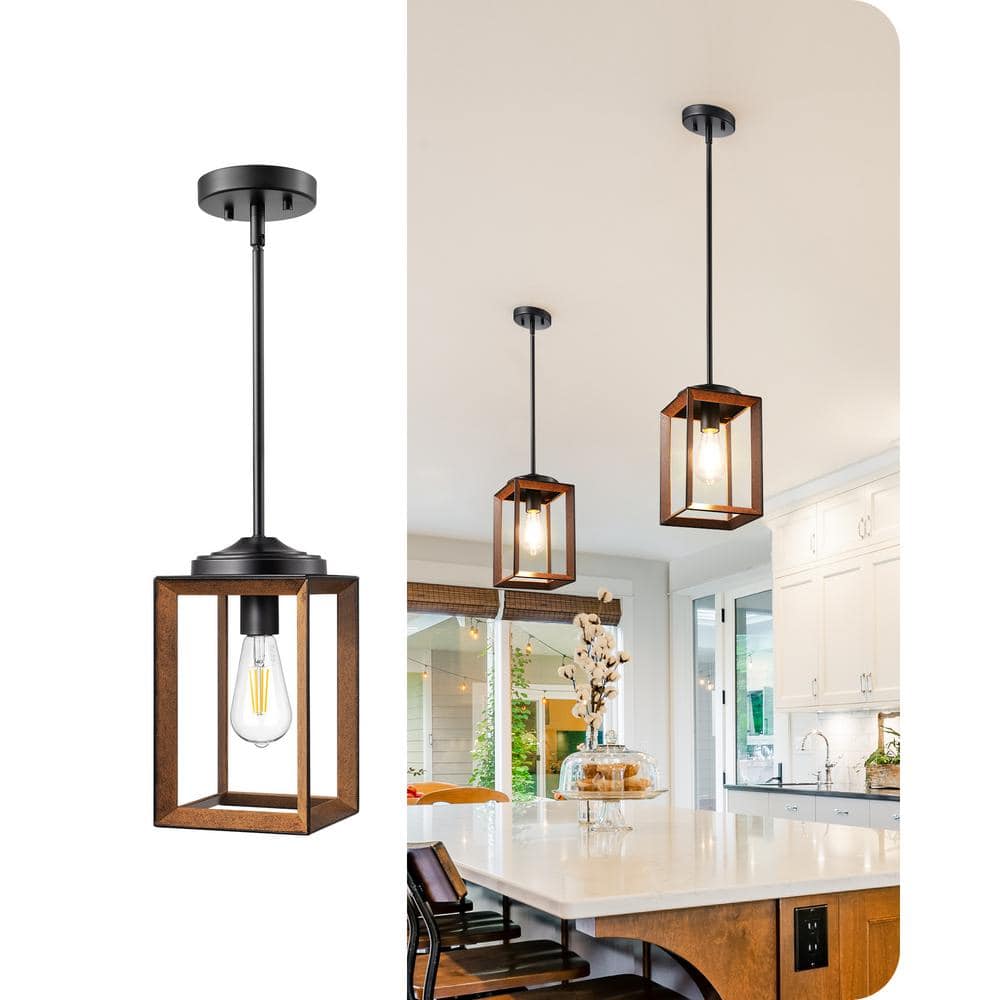Bronze Rustic Farmhouse Wood Cage Pendant Light