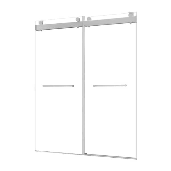 60 in. W x 79 in. H Sliding Frameless Shower Door in Brushed Nickel with Clear Glass