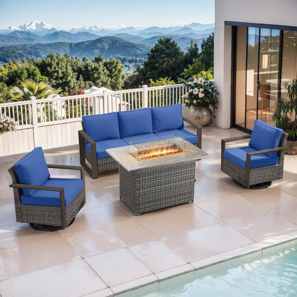 Funky Gray 4-Piece Fire Pit Patio Set Wicker Outdoor Conversation Sets with Swivel Rocking Chairs and Blue Cushions price history on PriceWatchPro