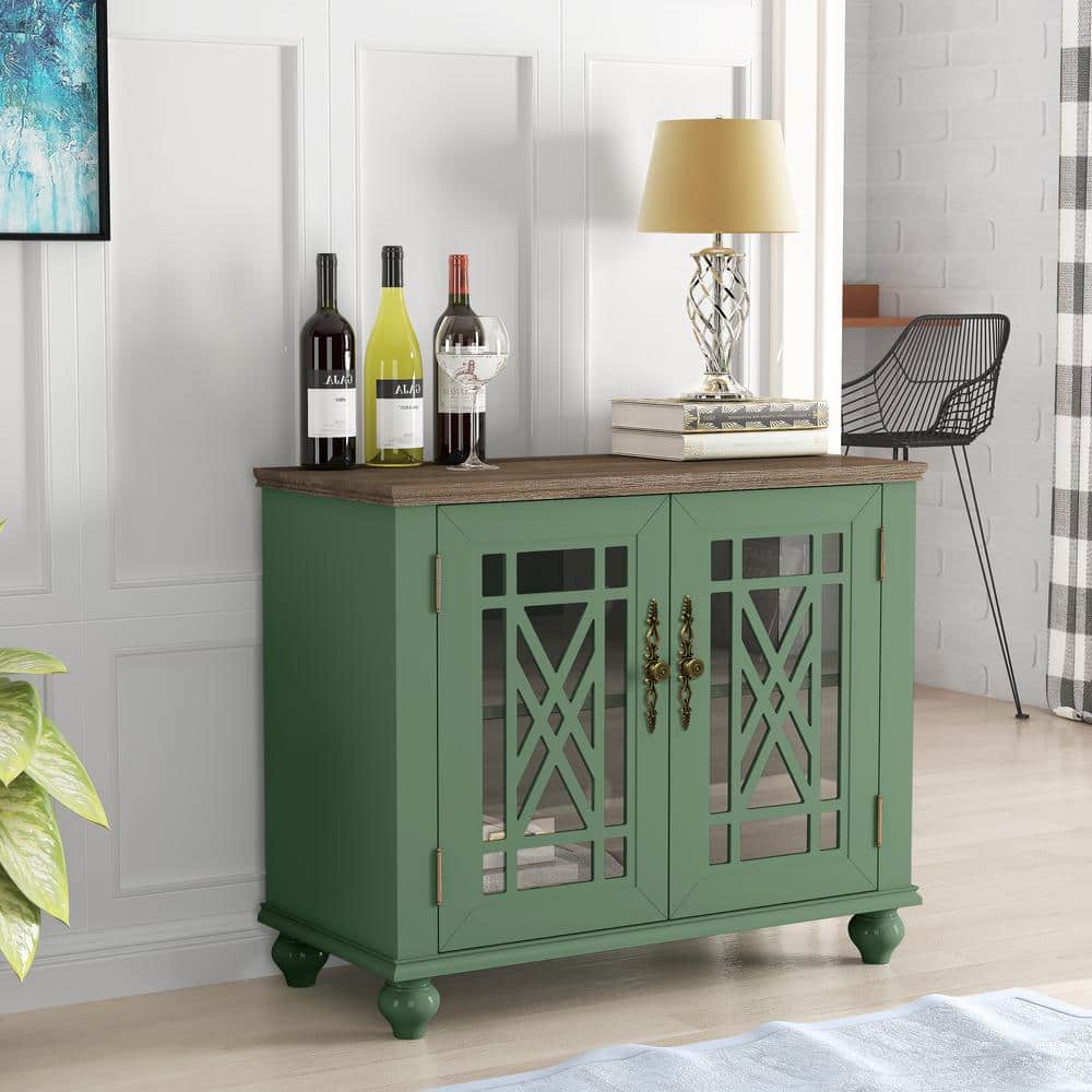 Green Vintage Wood Sideboard Buffet Cabinet with Glass Doors