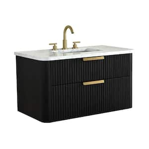 Warren 36 in. W Floating Bath Vanity in Black Oak, Engineered Stone Top in Arabescato and White Sink