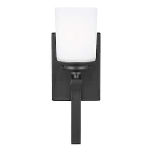 Kemal 5 in. 1-Light Matte Black Traditional Wall Sconce Bathroom Light with Etched White Glass Shade and LED Bulb