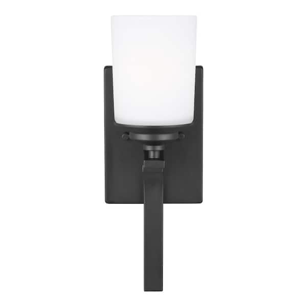 Generation Lighting Kemal 5 in. 1-Light Matte Black Traditional Wall Sconce Bathroom Light with Etched White Glass Shade and LED Bulb