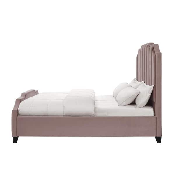 HomeRoots Pink Wood Frame Queen Panel Bed with Nail Head Trim; Upholstered
