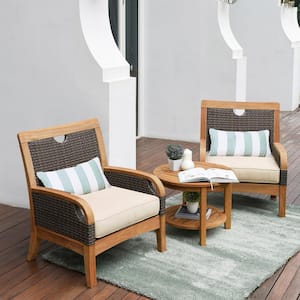 Palma 3-Piece Teak Wood Patio Conversation Set with Taupe Cushion Free Lumbar Pillow