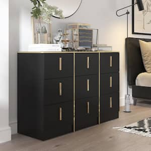 Black 9-Drawer 47.3 in. Width Dresser without Mirror, Chest of Drawers with Golden Line and Waven Surface Design