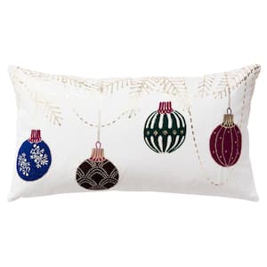 Holiday Ivory/Multi-Color Christmas Ornaments Cotton 20 in. x 14 in. Poly Filled Decorative Throw Pillow
