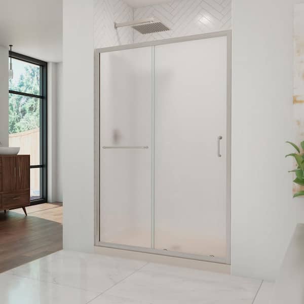 DreamLine Infinity-Z 36 in. x 48 in. Semi-Frameless Sliding Shower Door in Brushed Nickel with Center Drain Shower Base in Biscuit