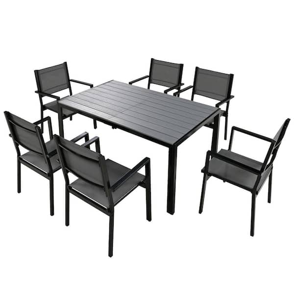 7-Piece Steel Gray Outdoor Dining Set with Table and 6 Chairs for Patios Garden Poolsides