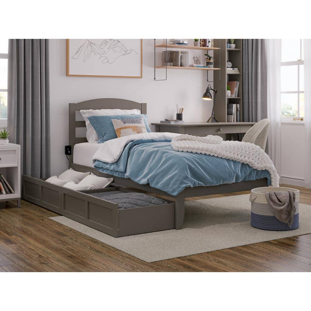 Gray Twin Platform Bed with Storage Drawers and Headboard