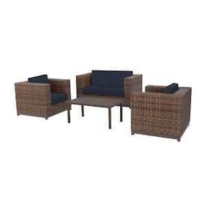 Fernlake 4-Pc Brown Wicker Outdoor Patio Deep Seating Set with CushionGuard Midnight Navy Blue Cushions